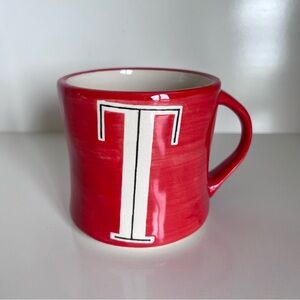 Anthropologie Letter T Initial‎ Monogram red Mug Hand Painted Ceramic Cup 12 oz